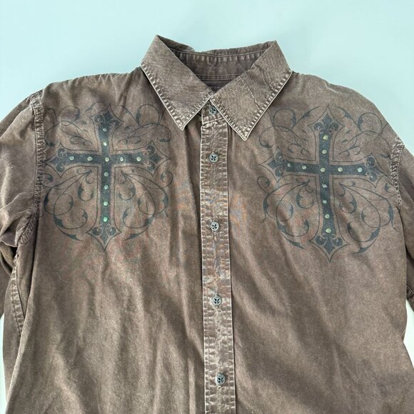 Affliction Mens Brown Long Sleeve Button-Up Shirt Cross Graphics Size Large - Picture 1 of 7